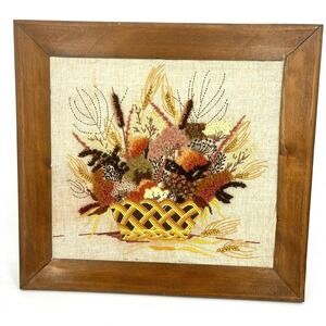 Vtg Latch Hook Rug Wall Hanging‎ Handmade Fall Basket Framed Art 26" x 22" MCM